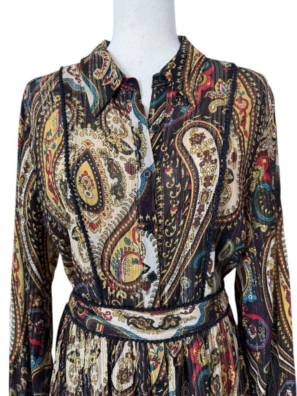 Paisley Print Maxi Dress Black Gold Teal Tiered Long Sleeve Collared Boho Belt - Picture 6 of 7